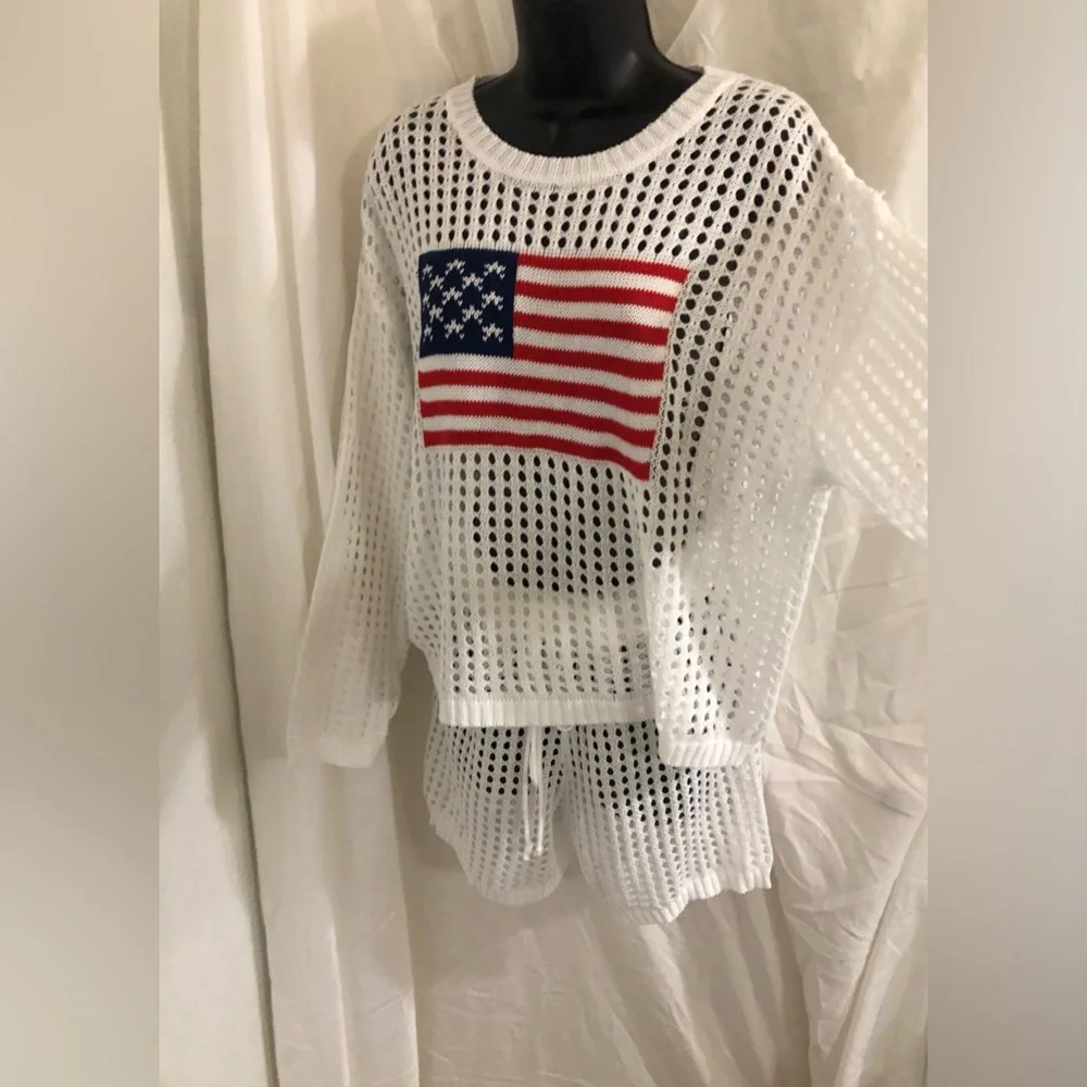 White 2pc American flag crochet mesh sweater & shorts coverup set size large new